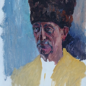 Retrato de un hombre. Pintura al óleo antigua original del realismo socialista Arte soviético Artista ucraniano Gribok D.K. 69-49 cm Óleo sobre cartón 1981