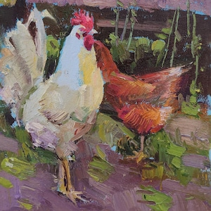 Gallo blanco. Pintura original del artista ucraniano Yalansky A. 24-18 cm, óleo sobre lienzo sobre cartón, década de 2000