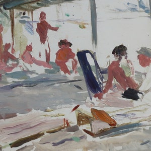 Sur la plage. Artiste ukrainienne Hitrova T. 23-34 cm, huile sur carton, année 1961