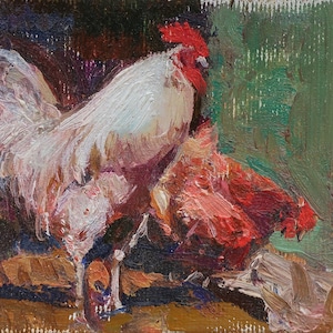 Gallo. Artista ucraniano Yalansky A.8-18 cm, óleo sobre lienzo sobre cartón
