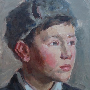 Retrato de un hombre. Pintura al óleo original del artista ucraniano Kats A. 27-21 cm, óleo sobre cartón, década de 1970.