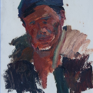 Retrato de un hombre. Pintura al óleo antigua original del realismo socialista Arte soviético Artista ucraniano Gribok D.K. 45-32 cm cartón óleo década de 1970