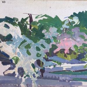 Paisaje. Pintura al óleo original del realismo socialista del artista ucraniano Poderevyansky S. 50-55 cm cartón óleo década de 1980