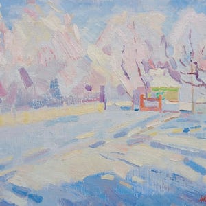 Escarcha. Pintura original de la artista ucraniana Kryzhanovskaya M. 35-49 cm, óleo sobre lienzo sobre cartón.