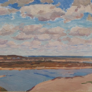 Dnipro.Cuadro original del artista ucraniano Slipchenko N. 24-35 cm, óleo sobre cartón, año 1952