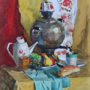 Natura morta con samovar. Dipinto originale dell'artista ucraino Bilenchuk N. 42-36 cm, gouache su carta, 1994