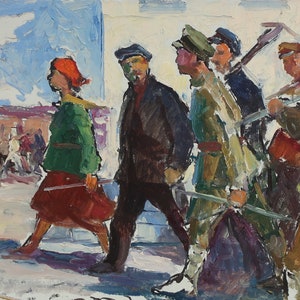 Lénine au subbotnik. Artiste ukrainienne Khitrova T. 34-50 cm, huile sur carton, années 1960