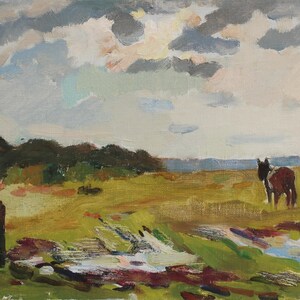 Paisaje. Pintura original del artista ucraniano Yatsenko V. 25-35 cm, óleo sobre lienzo sobre cartón, década de 1960.