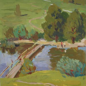 Paisaje. Pintura original de la artista ucraniana Zakharova, 21-19 cm de largo, técnica mixta sobre cartón, década de 1970.