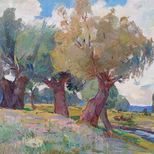 Paisaje. Pintura original de la artista ucraniana Chernova N. 48-68 cm, óleo sobre cartón.