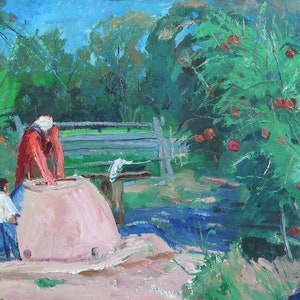 Tandoor. Pintura al óleo antigua original del realismo socialista Arte soviético Artista ucraniano Gribok D.K. 51-69 cm Óleo sobre cartón Años 80