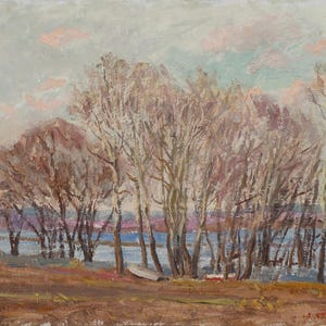 En el río. Pintura original del artista ucraniano V. Kikinev. 39-49 cm, óleo sobre cartón, año 1980