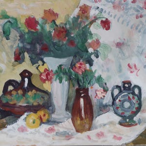 Naturaleza muerta. Pintura original de la artista ucraniana Zakharova, 15-24 cm de largo, técnica mixta sobre cartón, década de 1970.