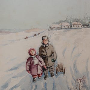 Children in winter. Original painting by Ukrainian artist Saranchov A. 29-19 cm, watercolor paper, 1959 year