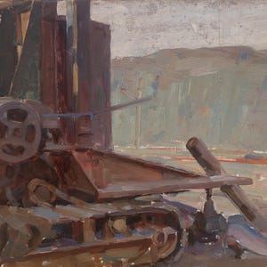 Paysage industriel. Peinture originale de l'artiste ukrainien Chernikov V. 34-50 cm, huile sur carton, années 1960