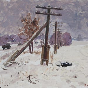 Paisaje invernal. Pintura original del artista ucraniano V. Kikinev. 39-49 cm, óleo sobre cartón, 1967