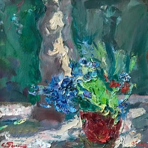 Bodegón primaveral. Pintura original de la artista ucraniana Repka. 40-40 cm, óleo sobre cartón, 2005.
