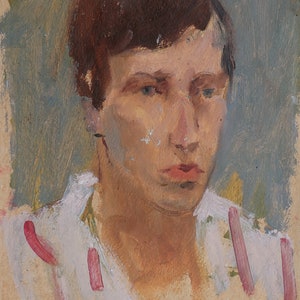 Retrato. Pintura al óleo antigua original del realismo socialista. Arte soviético. Artista ucraniano Gribok D.K. 30-23 cm. Óleo sobre cartón. Años 70.