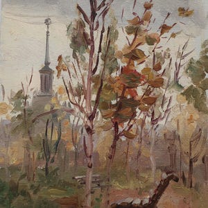 Paisaje. Pintura original del artista ucraniano Kikinev V. 23-18 cm, óleo sobre cartón, década de 1980