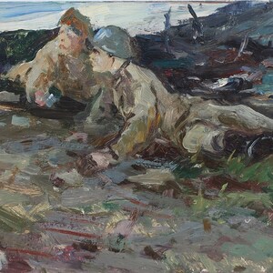 Après la bataille. Artiste ukrainienne Shurupov K. 25-46 cm, huile sur carton, années 1960