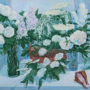 Flores blancas. Pintura al óleo original del realismo socialista del artista ucraniano Gribok D.K. 79-100 cm cartón óleo año 2002