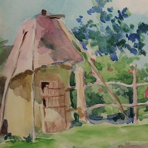 Landscape. Original painting by Ukrainian artist Yatsenko V. 19-14 cm, paper watercolor, 1970s