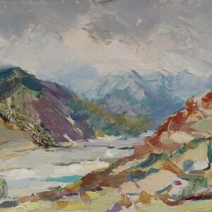 Paisaje. Pintura original del artista ucraniano Yatsenko V. 14-24 cm, óleo sobre cartón, 1963