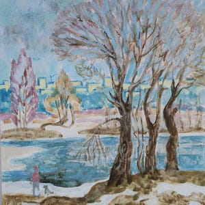 Paisaje. Pintura original de la artista ucraniana Zakharova, 21-19 cm, acuarela sobre cartón, década de 1980.