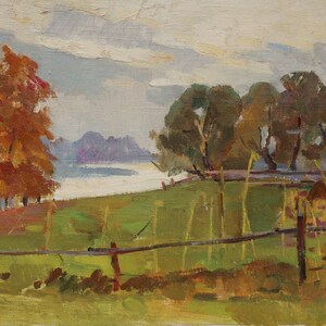 Paisaje. Pintura original de la artista ucraniana Kryzhanovskaya M. 35-50 cm, óleo sobre lienzo sobre cartón, año 1965