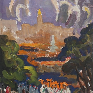 Saludo. Pintura original de la artista ucraniana Zakharova L. 23-17 cm, cartón, técnica mixta, década de 1970.