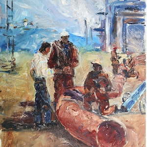 Constructores. Pintura al óleo antigua original del realismo socialista Arte soviético Artista ucraniano Zykunov P. 44-34 cm Óleo sobre cartón Años 70