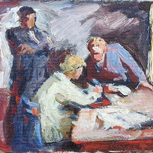 Meeting. Oil painting original socialist realism Ukrainian artist Lesnitskaya L.I. 18-20cm oil on cardboard 1970s