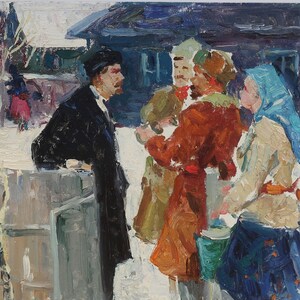 Lénine avec des gens. Artiste ukrainienne Khitrova T. 28-38 cm, huile sur carton, années 1970