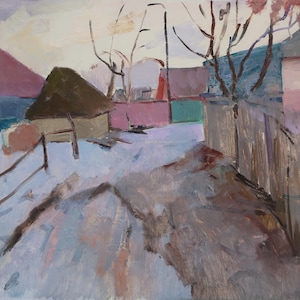 Motivo rural. Pintura original de la artista ucraniana Kryzhanovskaya M. 34-49 cm, óleo sobre cartón, 1971.