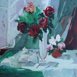 Natura morta. Dipinto originale dell'artista ucraina Zakharova L. 14-14 cm, carta gouache, anni '80