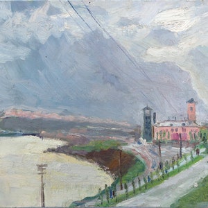 Panorama rural. Pintura al óleo antigua original del realismo socialista Arte soviético Artista ucraniano Gribok D.K. 29-53 cm Óleo sobre cartón Años 70