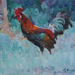 El gallo es hermoso. Pintura original del artista ucraniano Yalansky A. 18-24 cm, óleo sobre lienzo sobre cartón, década de 2000