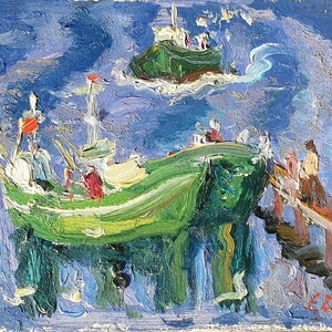 Barcos. Pintura al óleo original del artista ucraniano Repka S. 16-18 cm cartón, óleo década de 1980