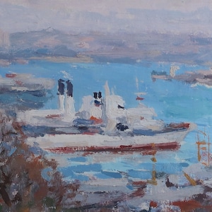 Dans le port. Artiste ukrainienne Herzenok V.13-16 cm, huile sur carton, année 1995