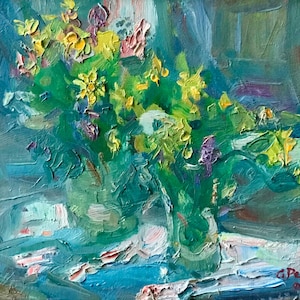 Primeras flores. Pintura original de la artista ucraniana Repka. 35-39 cm, óleo sobre cartón.