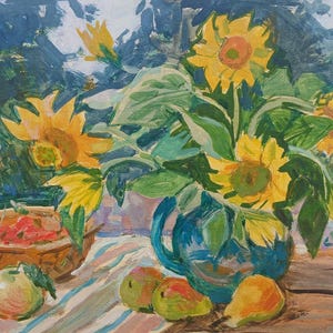 Naturaleza muerta. Pintura original de la artista ucraniana Zakharova. L. 24-33 cm, cartón, técnica mixta, década de 1970.
