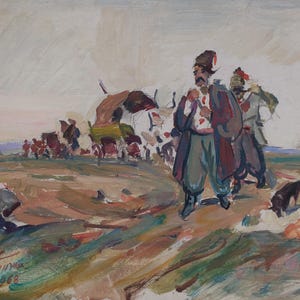 Cosaques. Peinture originale de l'artiste ukrainienne Ganzha P. 24-33 cm, huile sur carton, année 1968