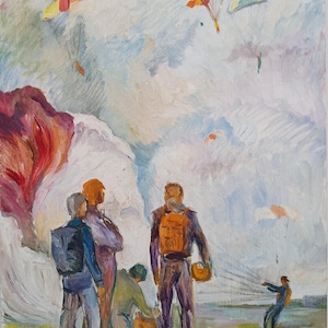 Paracaidistas. Pintura original del artista ucraniano Tomenko G. 50-34 cm, óleo sobre cartón.