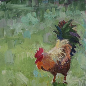 Coq sur le green. Peinture originale de l'artiste ukrainien Yalansky A. 24-18 cm, huile sur toile sur carton, années 2000