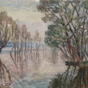 Inundación. Pintura original del artista ucraniano V. Kikinev. 38-49 cm, óleo sobre cartón, año 1978