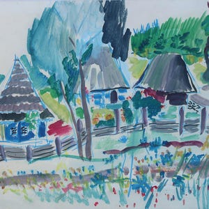 Paisaje. Pintura original del artista ucraniano Ganja P. 43-58 cm, técnica mixta sobre cartón, década de 1990