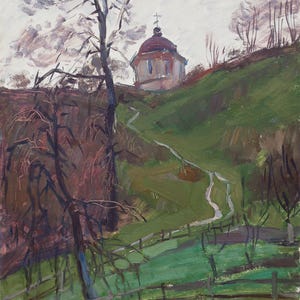 Camino al pozo. Pintura original del artista ucraniano V. Kikinev. 49-39 cm, óleo sobre cartón, año 1980
