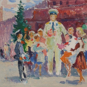 Gagarin with the pioneers. Ukrainian artist Khitrova T. 25-34 cm, oil on cardboard, 1960 years