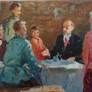 Lenin con campesinos. Pintura original del artista ucraniano Shurupov K. 26-47 cm, óleo sobre cartón, década de 1970