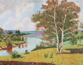 Paysage. Peinture à l'huile ancienne originale du réalisme socialiste art soviétique artiste ukrainien 31-58 cm huile sur carton années 1970